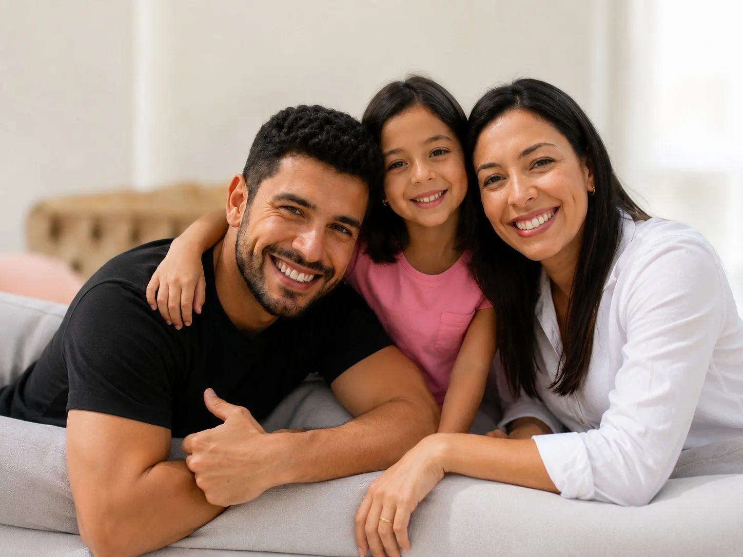 Família reunida no sofá — pai, filha e mãe sorrindo juntos